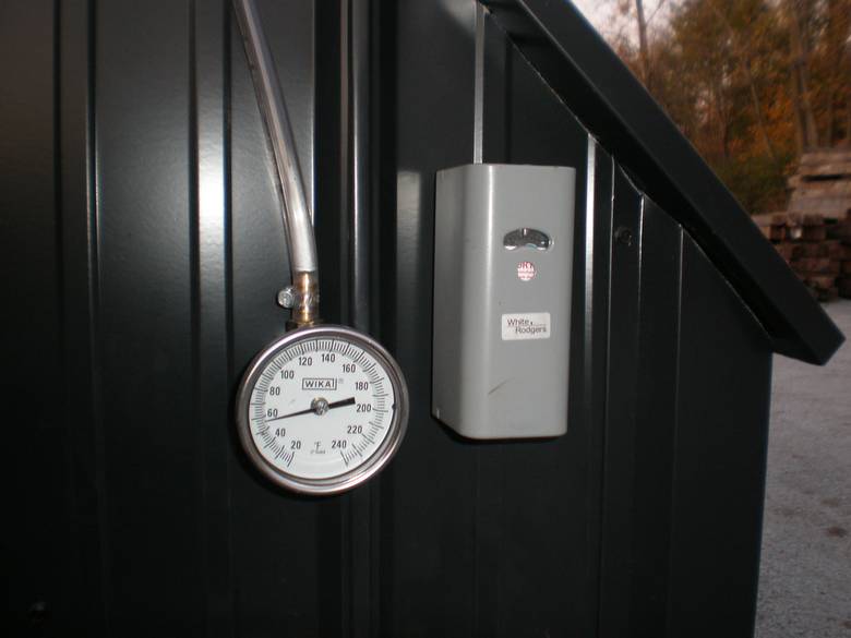 Wood Furnace Temperature Gauge and Control Unit / Located on the front--this is the brain of the furnace